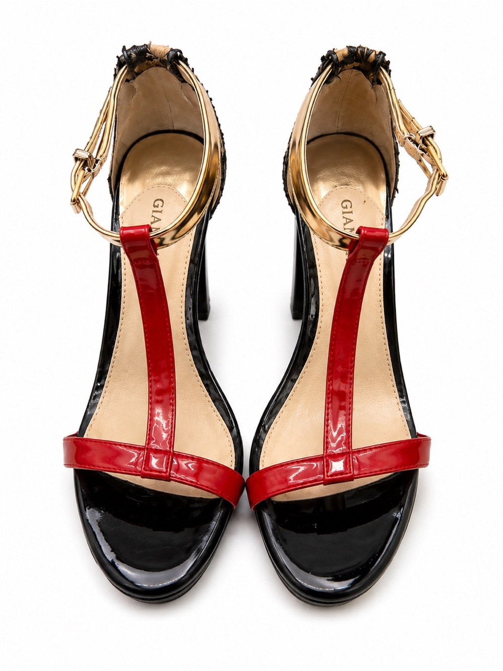 LIKE NEW Gianni Bini Red and Black Patent Leather T-Strap Heels with Gold Buckle